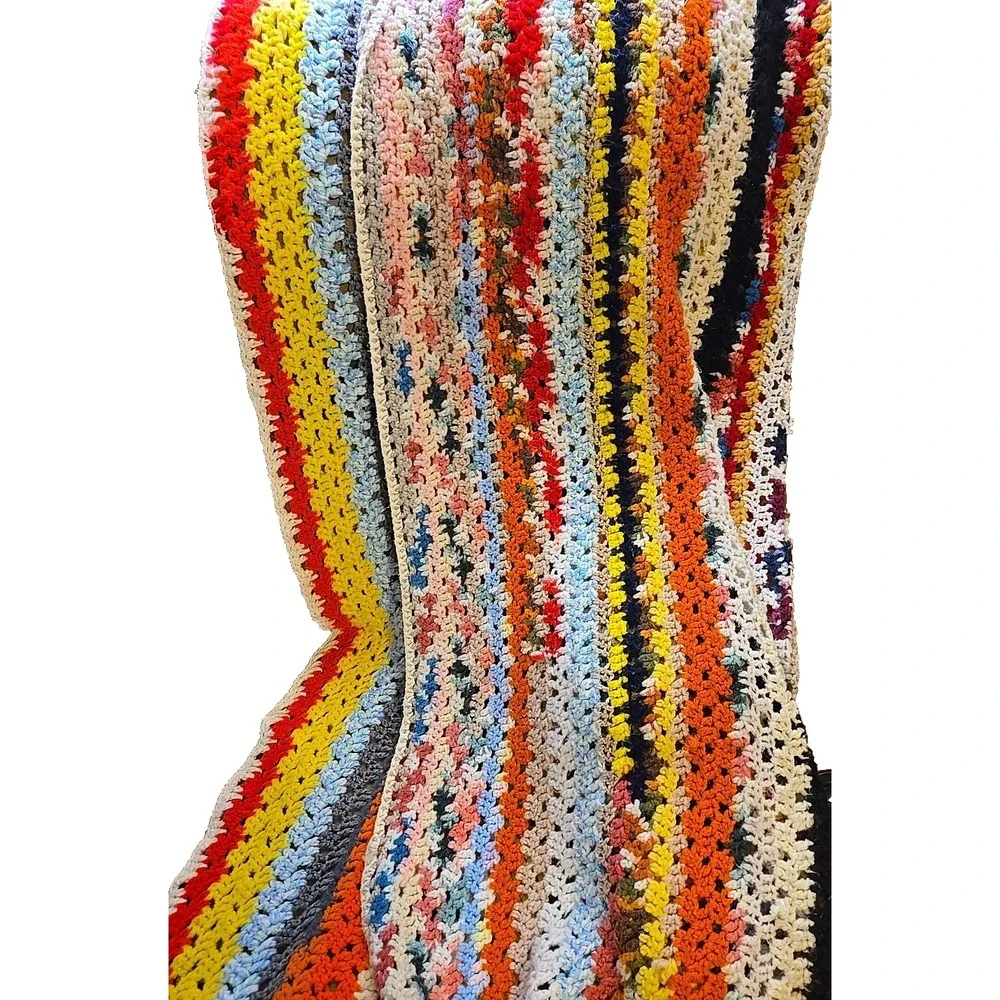 Vtg Crochet Blanket Throw Handmade Granny Stripe Multicolor Boho 56x47 Afghan